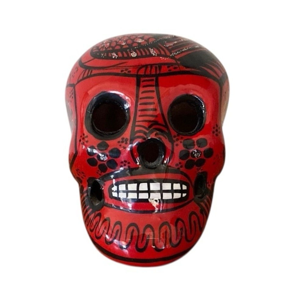 Mexican Day of the Dead Dia de los Muertos Mini Ceramic Sugar Skull 1.75" Red‎